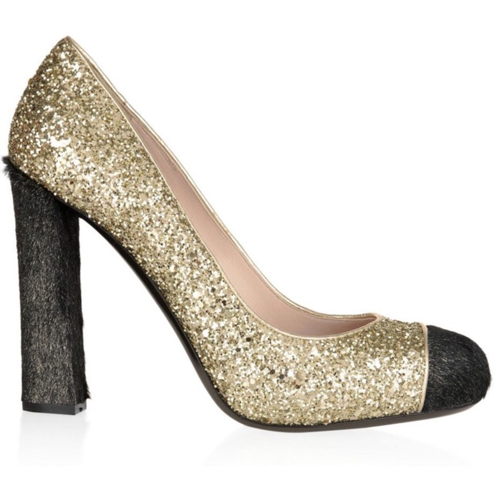 Miu Miu Gold Glitter and Black Cap-Toe Chunky Heel Pumps